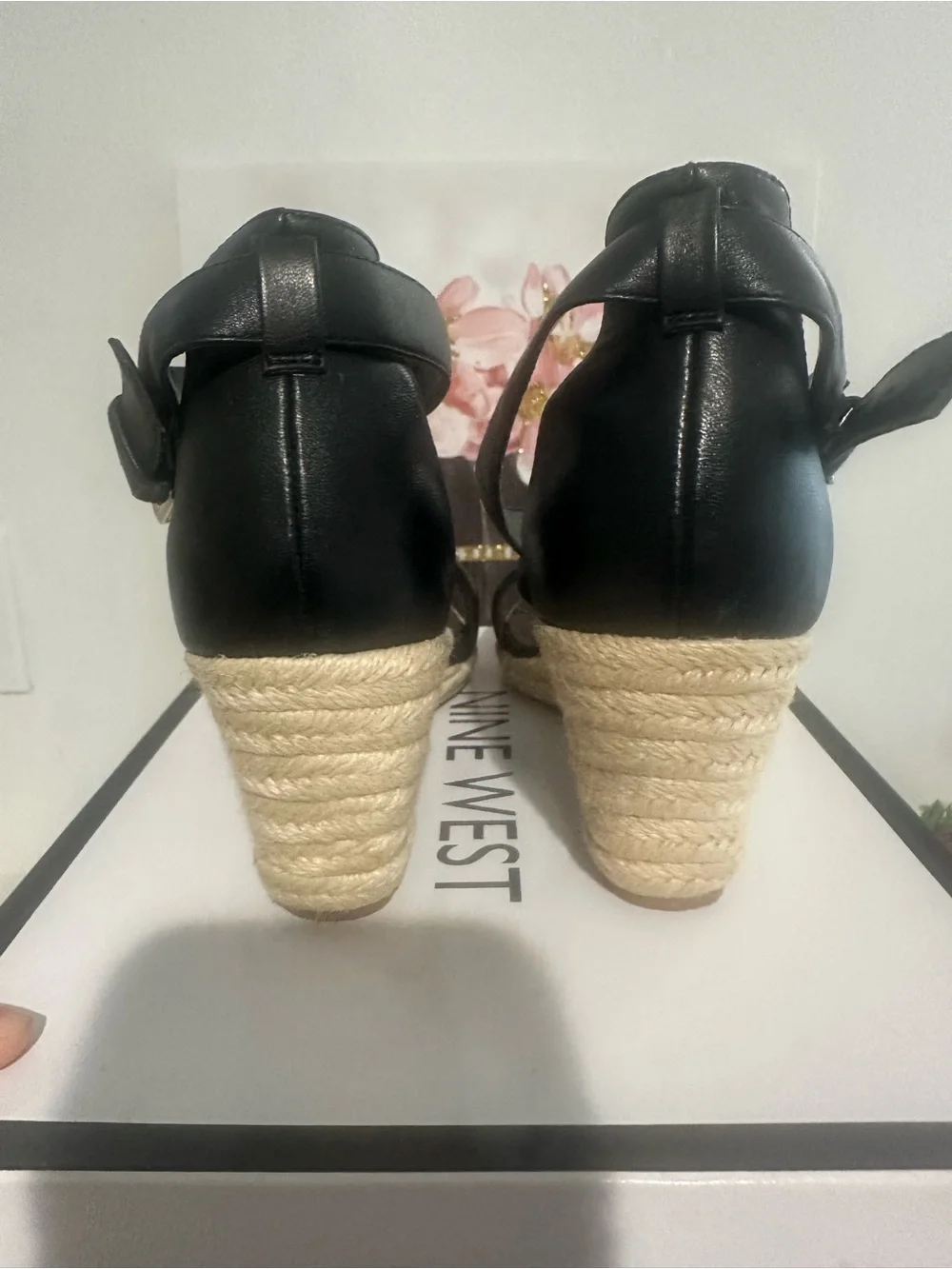 Nine West Black Leather Espadrille Wedge Sandals with Crisscross Straps